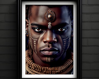 DESCARGA DIGITAL, Impresiones de Arte Mural, Retrato de Arte Africano, Arte Mural Imprimible, Afrofuturismo, Guerrero Tribal #03
