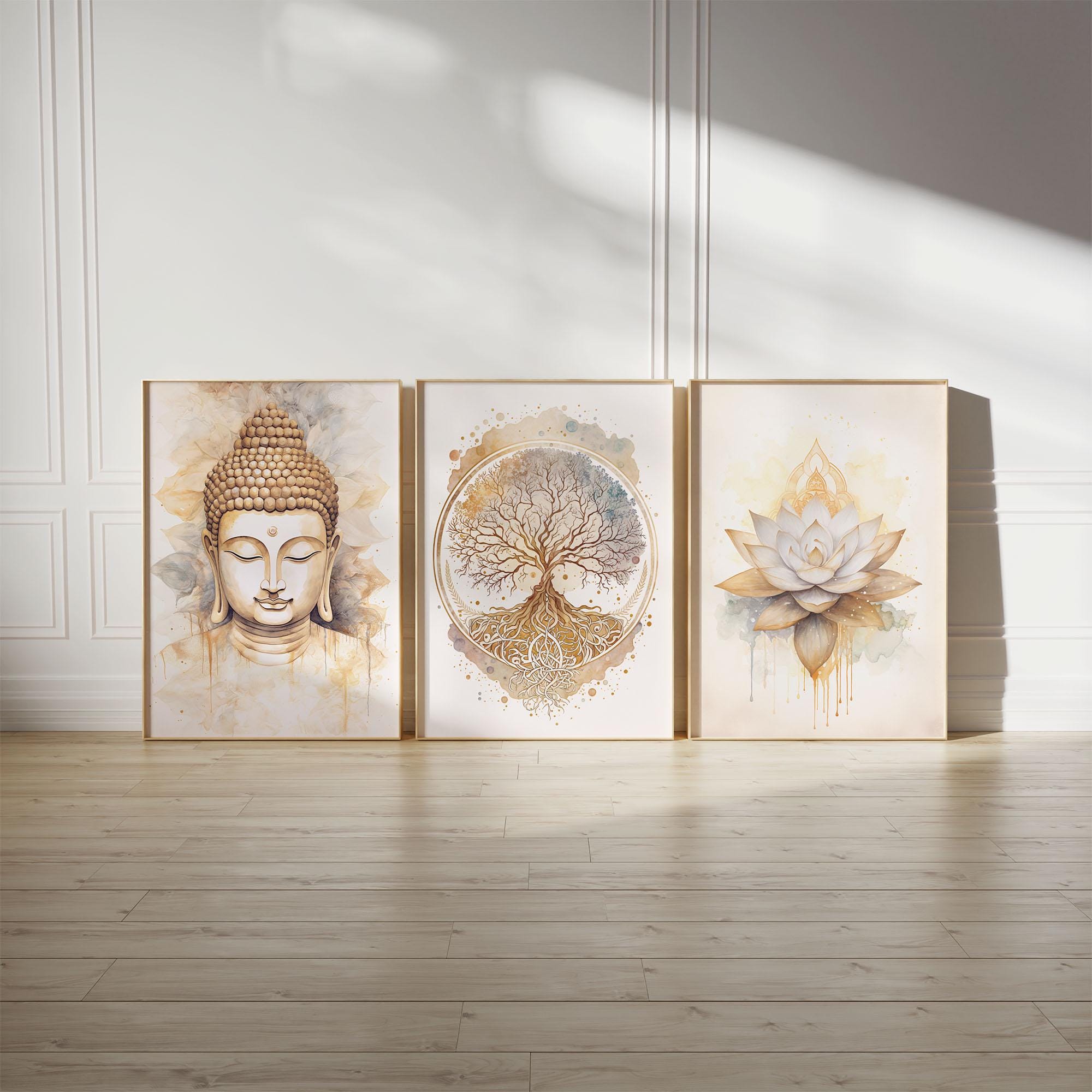 Buddha, Lotus Flower and Tree of Life in Set of 3, Printable Posters, Digital Download, Yoga Studio Wall Art, Meditation Decoration