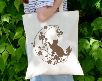 Cat Tote Bag / Moon Tote Bag / Floral Tote Bag / Cat Bag / Canvas Tote Bag / Flower Tote Bag / Cat Mom / Large Tote Bag