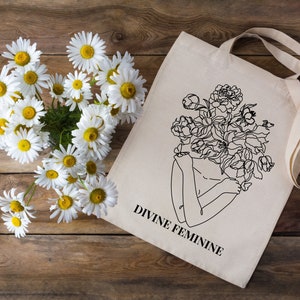 Aesthetic Tote Bag, Divine Feminine, Single Line Art, Floral Tote Bag, Pretty Tote Bag, Canvas Tote Bag, Bachelorette Bag, Gift for Her