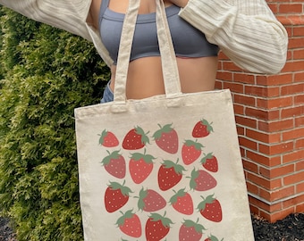 Strawberry Tote Bag / Strawberry Bag / Canvas Tote Bag / Strawberry Lover / Everyday Bag / Pretty Tote Bag / Self Love Bag / Strawberry