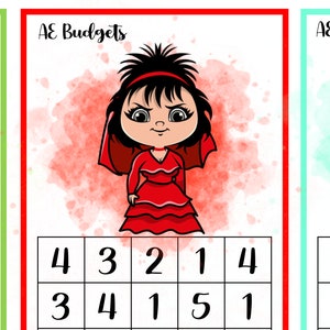 May include: Three printable bingo cards with a Halloween theme. Each card features a different cartoon character: a green-haired monster, a girl with black hair and a red dress, and a striped sea monster. The cards have the numbers 1 through 5 on each card.