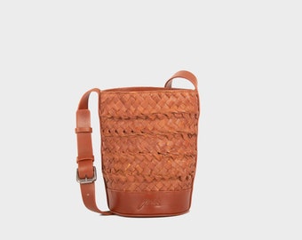 Brown Mini Woven Leather Bucket Crossbody