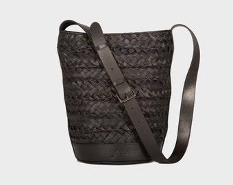 Black Woven Leather Bucket Bag