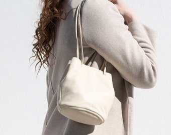 Cream Leather Drawstring Crossbody