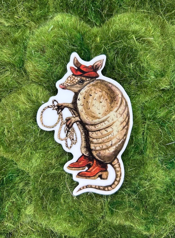 Armadillo Cowboy 2” x 3” Die-Cut, Hand-painted, Vinyl Sticker with Matte Finish
