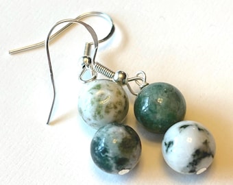 Green Tree Agate Sterling Silver Earrings: Beaded Dangle Jewelry