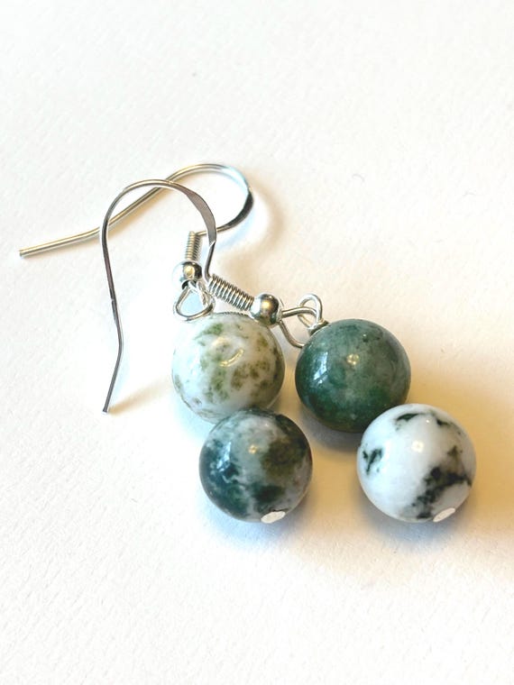 Green Tree Agate Sterling Silver Earrings: Beaded Dangle Jewelry