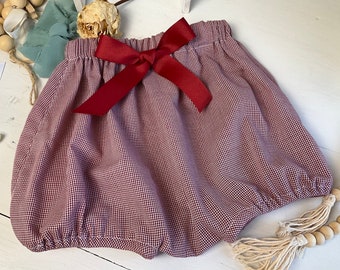 6-9m - 17" waist - Bubble Bloomers/Diaper Cover! Red micro check with or without bow. Gender neutral. Ready to ship!