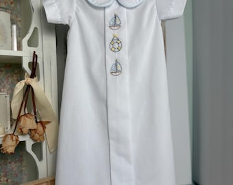 3m Classic/Heirloom White Daygown - Front Pleat with Hand Embroidery Sailboats