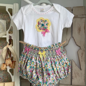 18m Smocked Bloomers with Applique Patchwork and Hand Embroidery Onesie - Cute Floral Fabric with Gingham Bows -One of a Kind Ready to Ship!