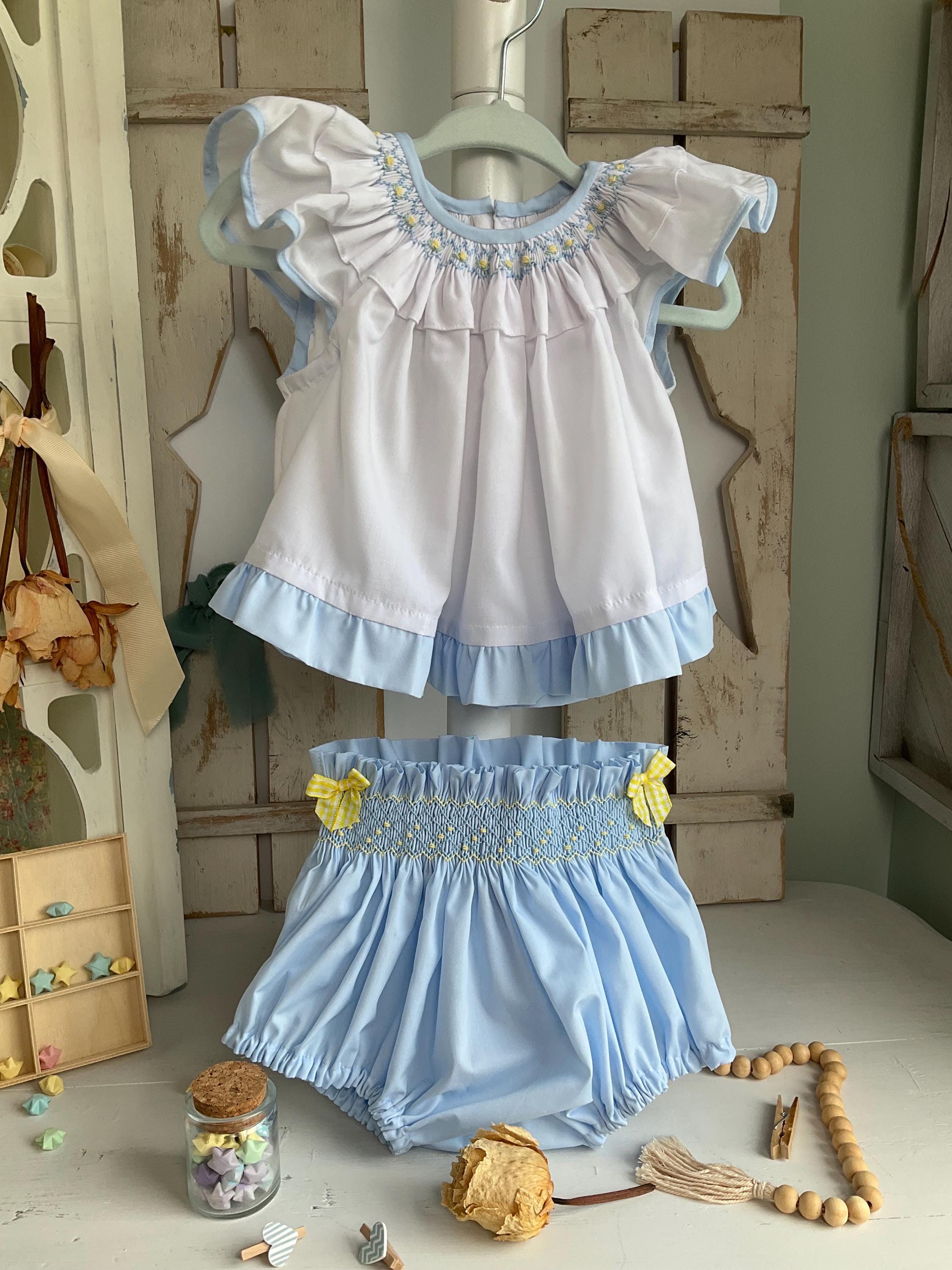 12m Heirloom Smocked Bloomers and Smocked Diaper Shirt - Blue Bloomers/Diaper Cover - White Diaper Shirt - Yellow Roses - Ready to Ship!