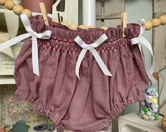 6-9m - 19" waist - Hand Smocked Bloomers/Diaper Cover - red micro check - white bows - ready to ship