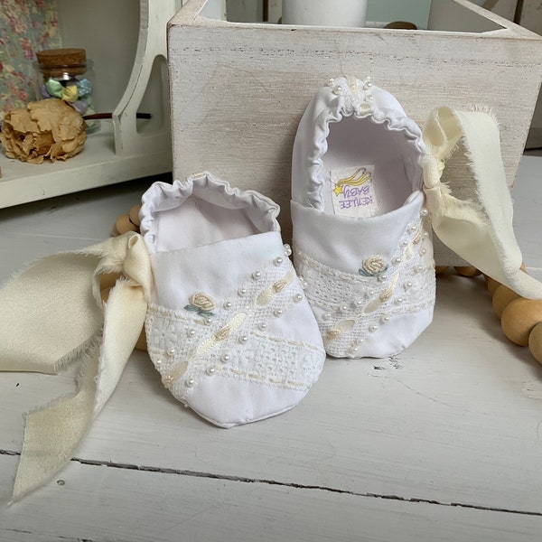 3-6m Heirloom hand embroidered, baby shoes. Roses, pearls, ribbon, and lace Perfect for pictures and that one of a kind gift. Ready to ship.