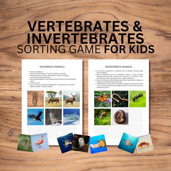 Vertebrates and invertebrates sorting Montessori card game with control chart, animal classification, zoology, learning animals, animal game