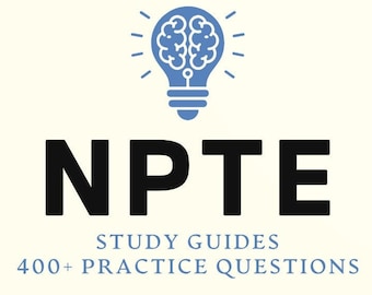 May include: A blue brain inside a light bulb with rays of light coming out of the top. The text "NPTE" is below the light bulb in black bold letters. The text "STUDY GUIDES" is below the text "NPTE" in blue letters. The text "400+ PRACTICE QUESTIONS" is below the text "STUDY GUIDES" in blue letters.