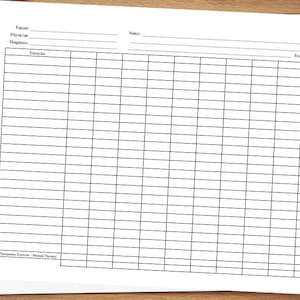 May include: A blank printable exercise log with columns for patient name, physician, diagnosis, exercise, frequency, and notes. The log is designed for tracking physical therapy exercises.
