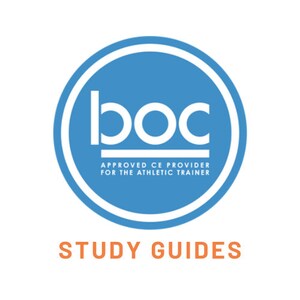 May include: A blue circle with a white outline and the text "boc" in white. The text "APPROVED CE PROVIDER FOR THE ATHLETIC TRAINER" is below the circle. The text "STUDY GUIDES" is below the circle in orange.