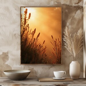 Prado de la Hora Dorada - Lienzo de Campo con Atardecer Sereno, Decoración de Oficina Rústica y Cálida, Fotografía de Naturaleza Otoñal, Arte en Marco de la Hora Dorada, Decoración de Casa de Campo