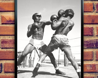Lámina vintage de un combate de boxeo, foto de un boxeador en blanco y negro (descarga digital).
