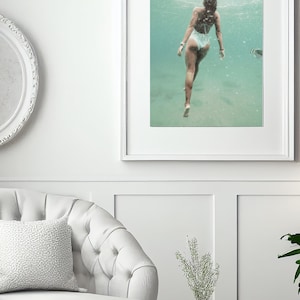 Swimming Wall Art, Dreamy Blue Coastal Print, Underwater Swim, Instant Download