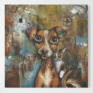 Dog and Cat Art Canvas Print Abstract Wall Art Animal Lover Gift Cabin or Office Decor