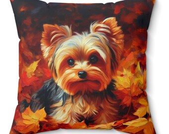 Yorkie In Autumn Leaves Faux Suede Pillow, Yorkie Gifts, Yorkshire Terrier Gift, Yorkie Mom Gift, Yorkie Dad Gift, Autumn Decor