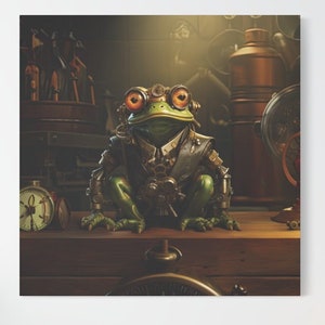 Steampunk Frog Wall Art Canvas , Stretched, 1.25&quot; Frog Lover Art Print Steampunk Lover Wall Art Print Steampunk Gift