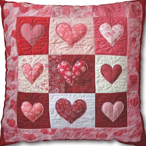 May include: A red and white quilted pillow with a patchwork design featuring nine hearts. The hearts are all different sizes and patterns, and they are arranged in a grid pattern.