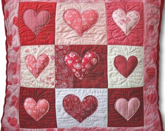 May include: A red and white quilted pillow with a patchwork design featuring nine hearts. The hearts are all different sizes and patterns, and they are arranged in a grid pattern.