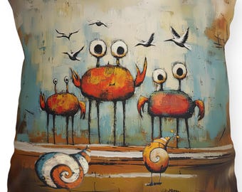 Crabs, Seagulls & Shells Outdoor Pillow: Whimsical Coastal Patio Decor