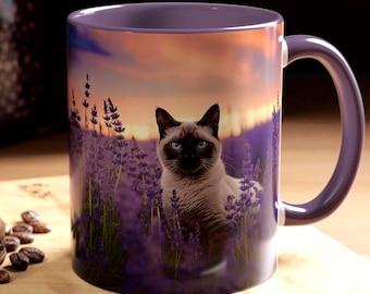 Siamese Cat Coffee Mug: Lavender Blooms, Accented Handle