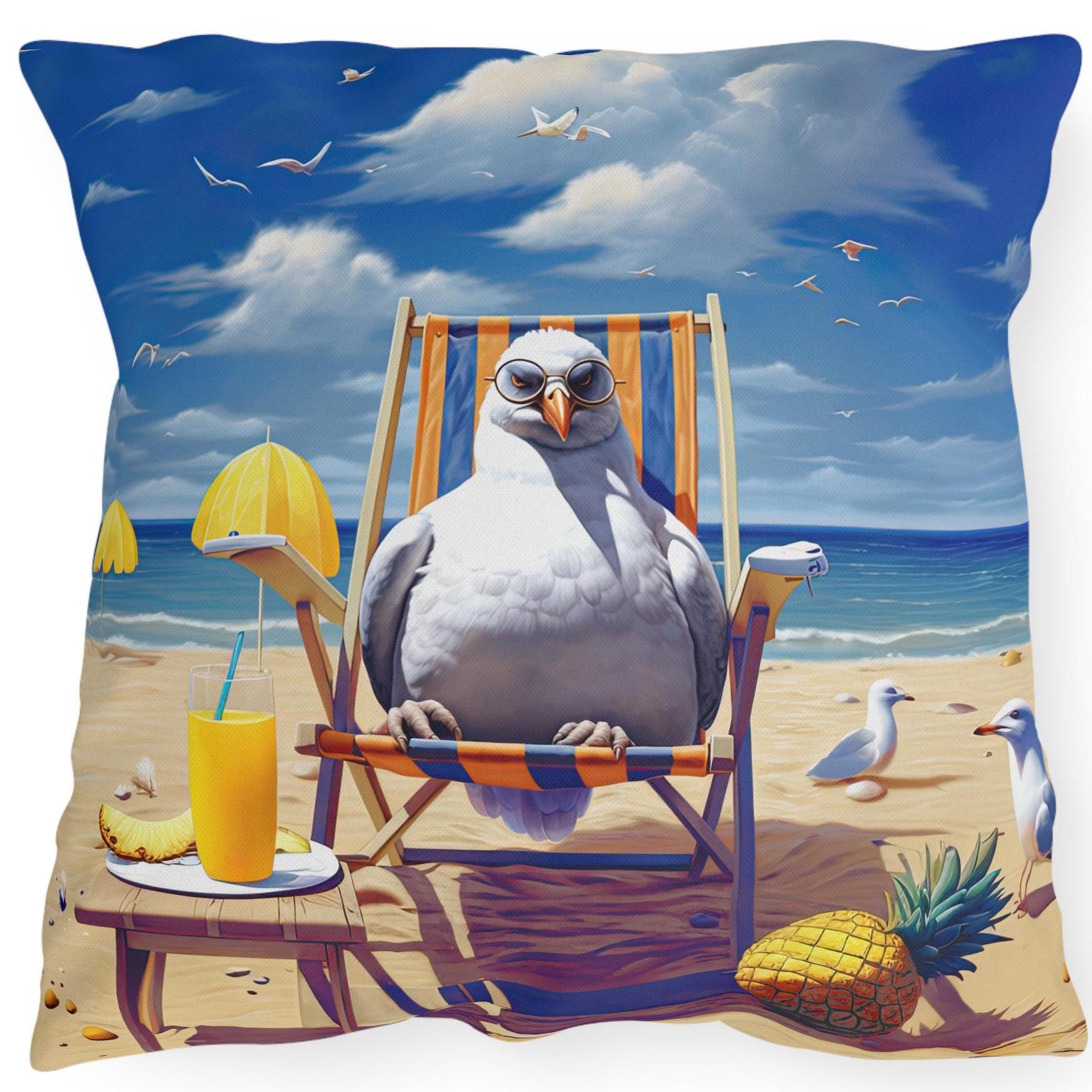 Funny Seagull Outdoor Pillow: Beach Bird Patio Decor