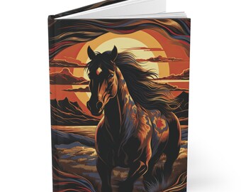May include: A black horse with a brown and orange patterned coat runs through a field with a large orange sun in the background.