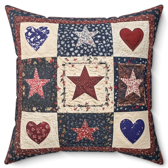 Printed Indoor Hearts & Stars Faux Suede Pillow or Pillowcase Red White and Blue Home Decor, Spring Summer Cushion, Square Throw Pillow