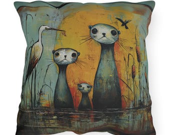 Abstract Otter Family Outdoor Pillow | Marsh and Heron Scene