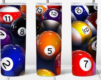 Billiard, Pool Balls, 8 Ball, Ready to Press, Sublimation 20oz STRAIGHT Skinny Tumbler Wrap Design Unique Gift