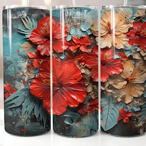 May include: A sublimation design featuring a close-up of red, orange, and white hibiscus flowers with green leaves on a blue and gray textured background.