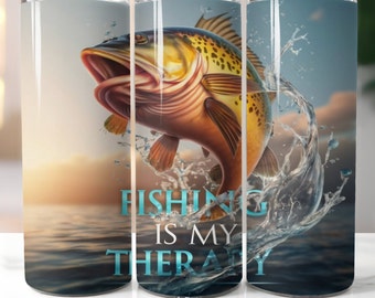 Fishing is My Therapy 20oz Skinny Sublimation Tumbler Wrap, Funny Fishing Quote Tumbler Designs PNG Digital Download