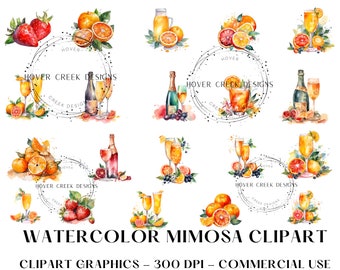 Watercolor Mimosa Clipart - digital png champagne orange cocktail brunch graphics for instant download commercial use