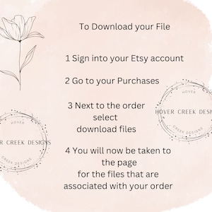 May include: A graphic with instructions on how to download a digital file from Etsy. The graphic features a floral design and a logo for Hover Creek Designs.