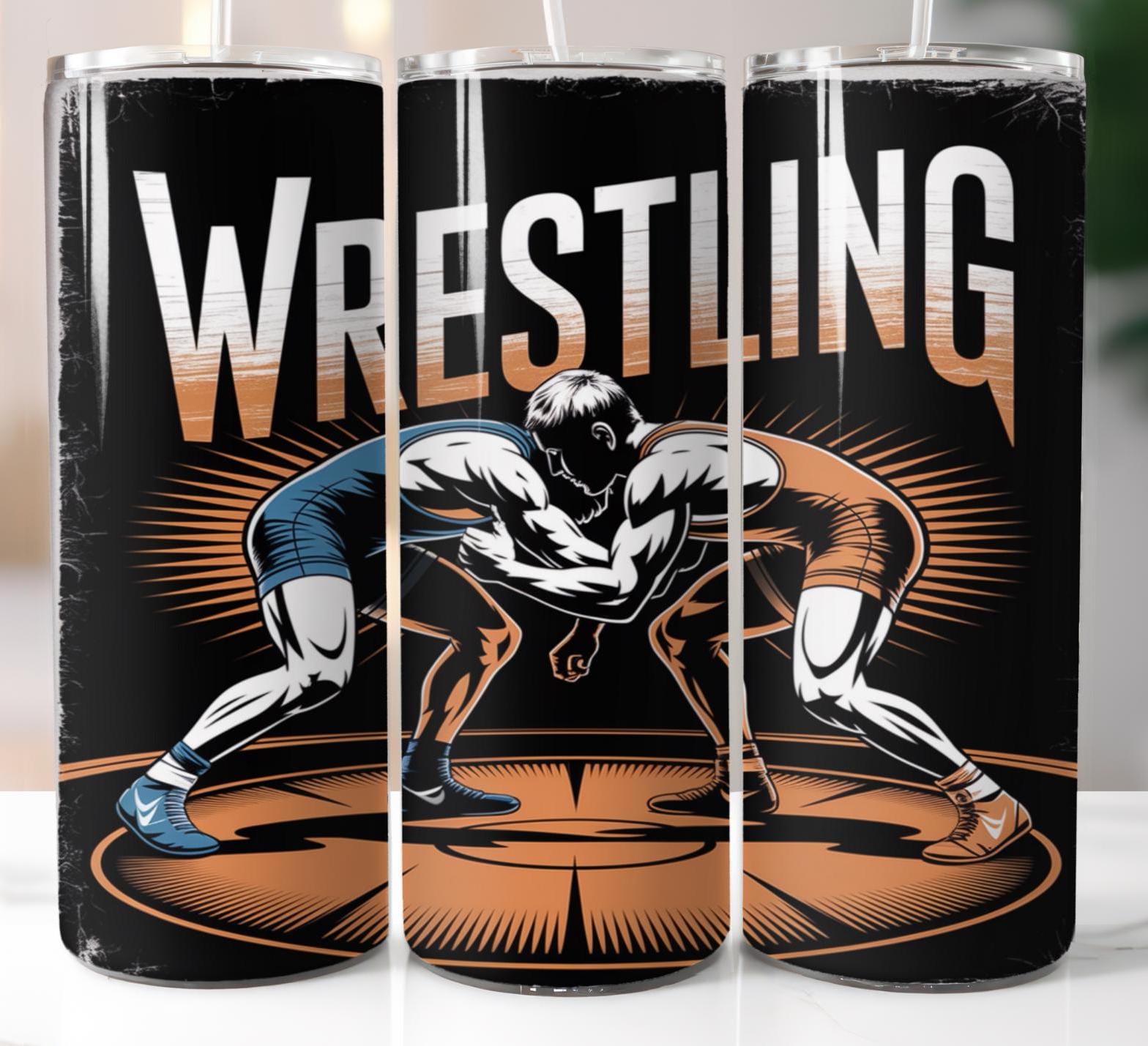 20oz Skinny Tumbler Wrestling Blue Sublimation Designs Template Straight PNG File Download - Wrestling Sport