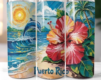 Puerto Rico Tumbler Wrap: Beach & Hibiscus Design (PNG Digital Download)