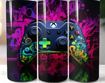 Gamer 20oz Skinny Tumbler Sublimation Design Neon Video Game Controller ...
