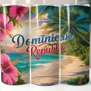 Dominikanska republiken Tumbler Wrap PNG: Blommig stranddesign (digital nedladdning)