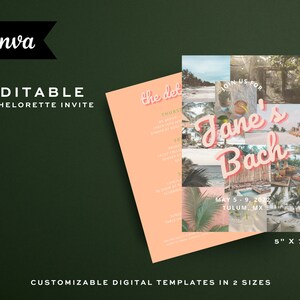 Puede incluir: Una invitación de despedida de soltera rosa y blanca con el texto "Join us for Jane's Bach" y las fechas "May 5-9, 2022" y la ubicación "Tulum, MX". La invitación presenta un collage de fotos de un destino de playa tropical.