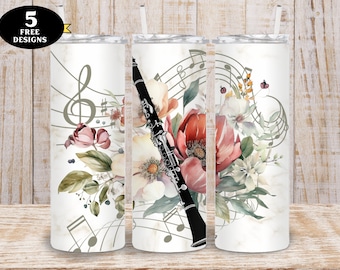 Music Tumbler, Clarinet Floral Tumbler png, Cute Clarinet Music 20oz Tumbler wrap png, Music Tumbler png