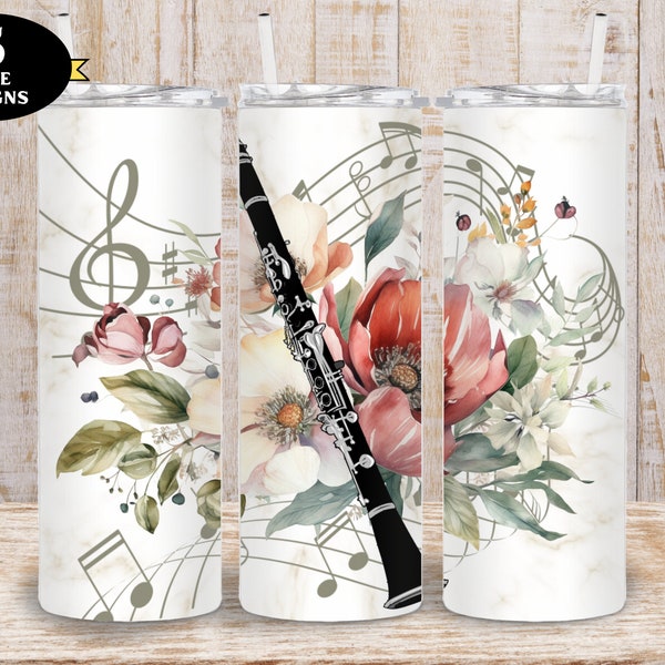 Music Tumbler, Clarinet Floral Tumbler png, Cute Clarinet Music 20oz Tumbler wrap png, Music Tumbler png