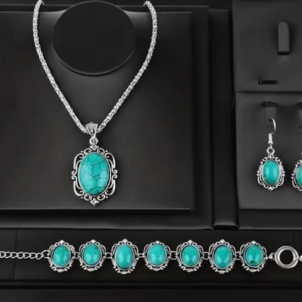 Boho Turquoise Jewelry Set: Vintage Flower Necklace, Earrings, Bracelet