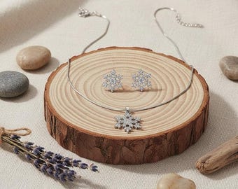 CZ Snowflake Jewelry Set, Christmas Necklace Earrings, Festive Gift